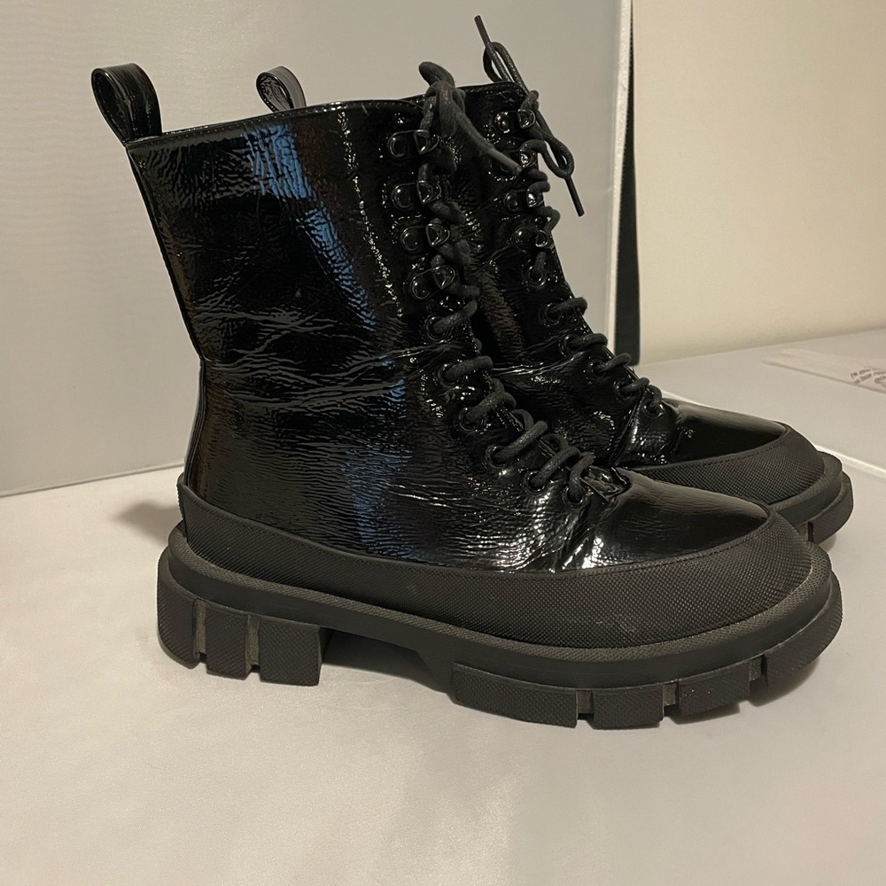 Truffle Collection Chunky Lace Up Boots In Black Faux Leather Size 7.5